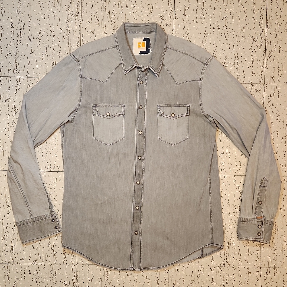 Hugo Boss Gray Button Down Long Sleeve Heavyweight Denim Casual Dress Shirt